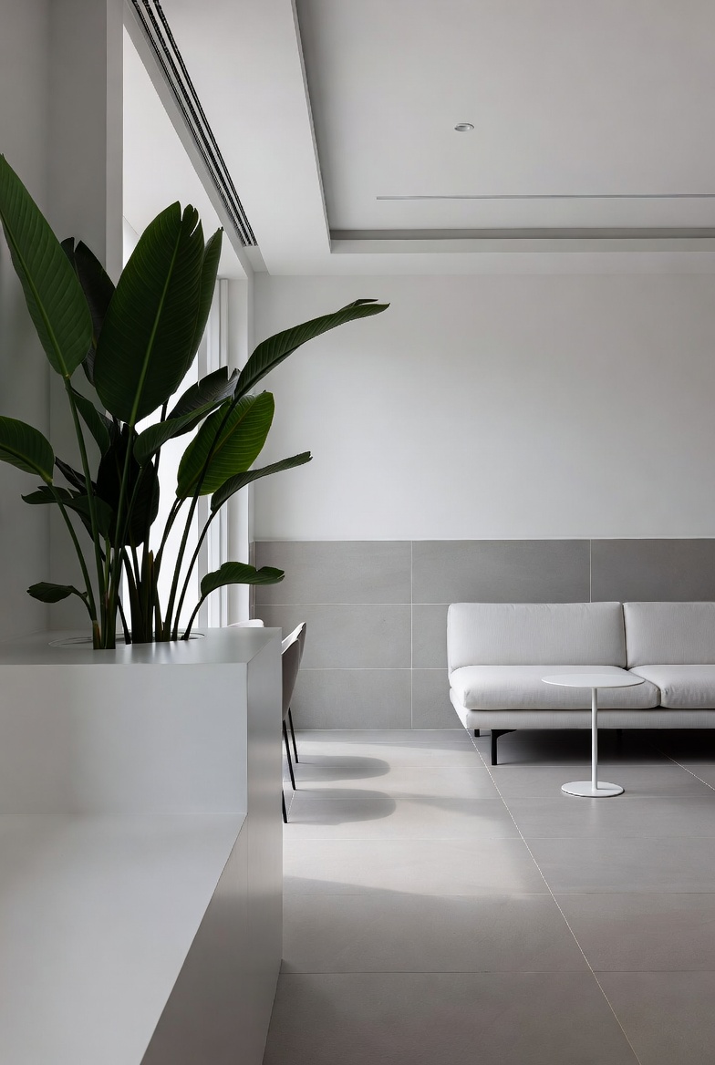 Monstera and cacti framed by concrete walls in a modern living room