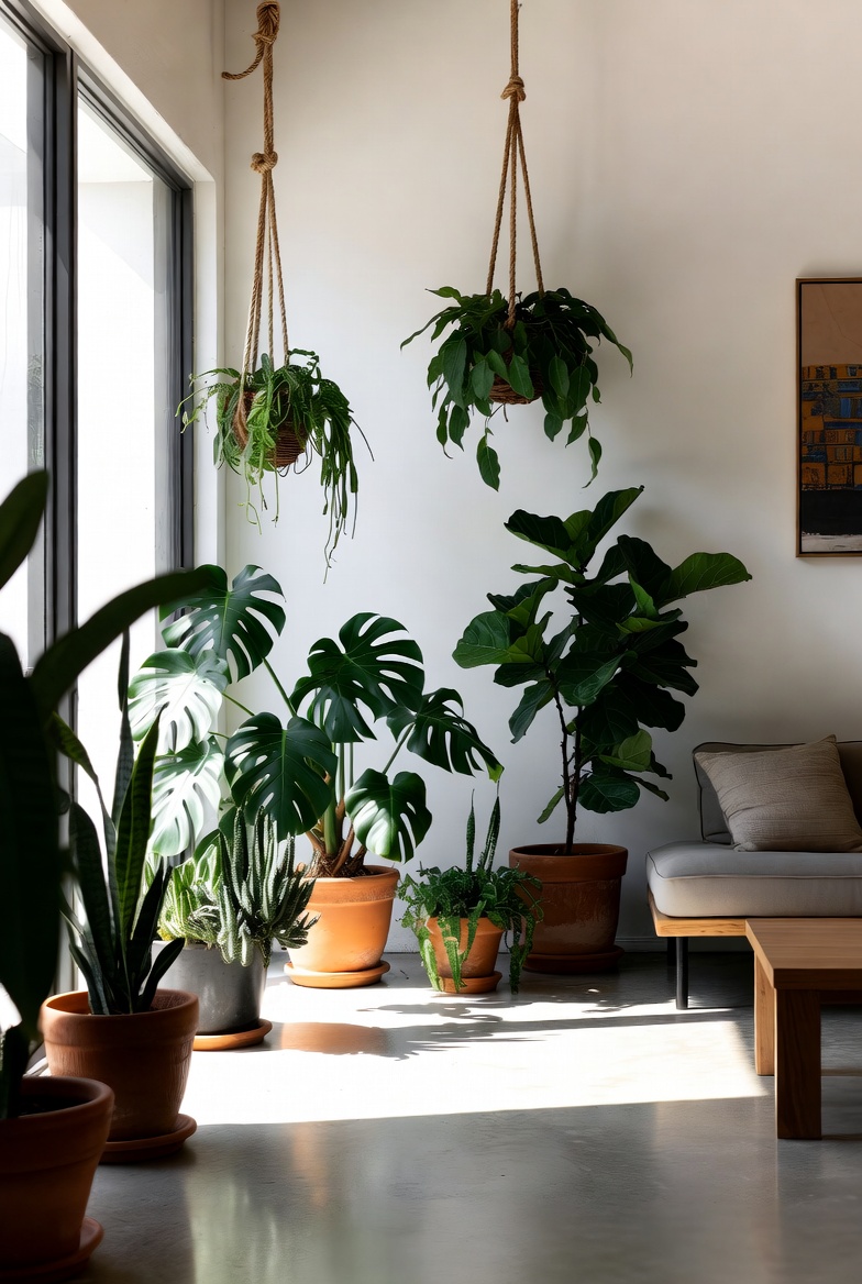 Bedroom window with a single sculptural plant on the floor