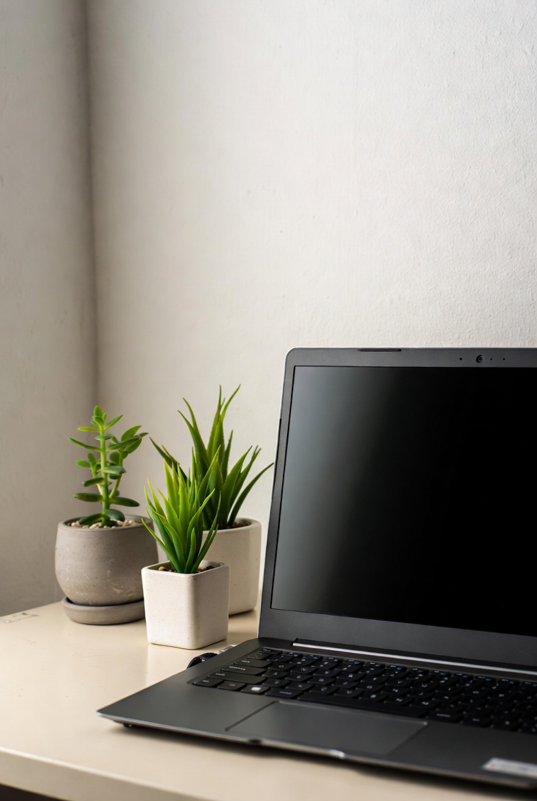 Compact plants placed beside a laptop on a clean desk