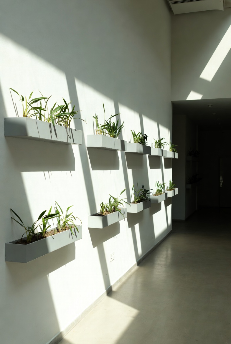 Slim planters lined along a hallway wall with strong shadows